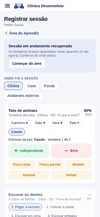 Registro de sessão ABA no celular, com aviso de sessão recuperada guardada no aparelho.